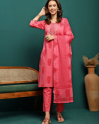 Blush Bloom Printed Pure Cotton Straight Kurta With Trouser & Dupatta Set