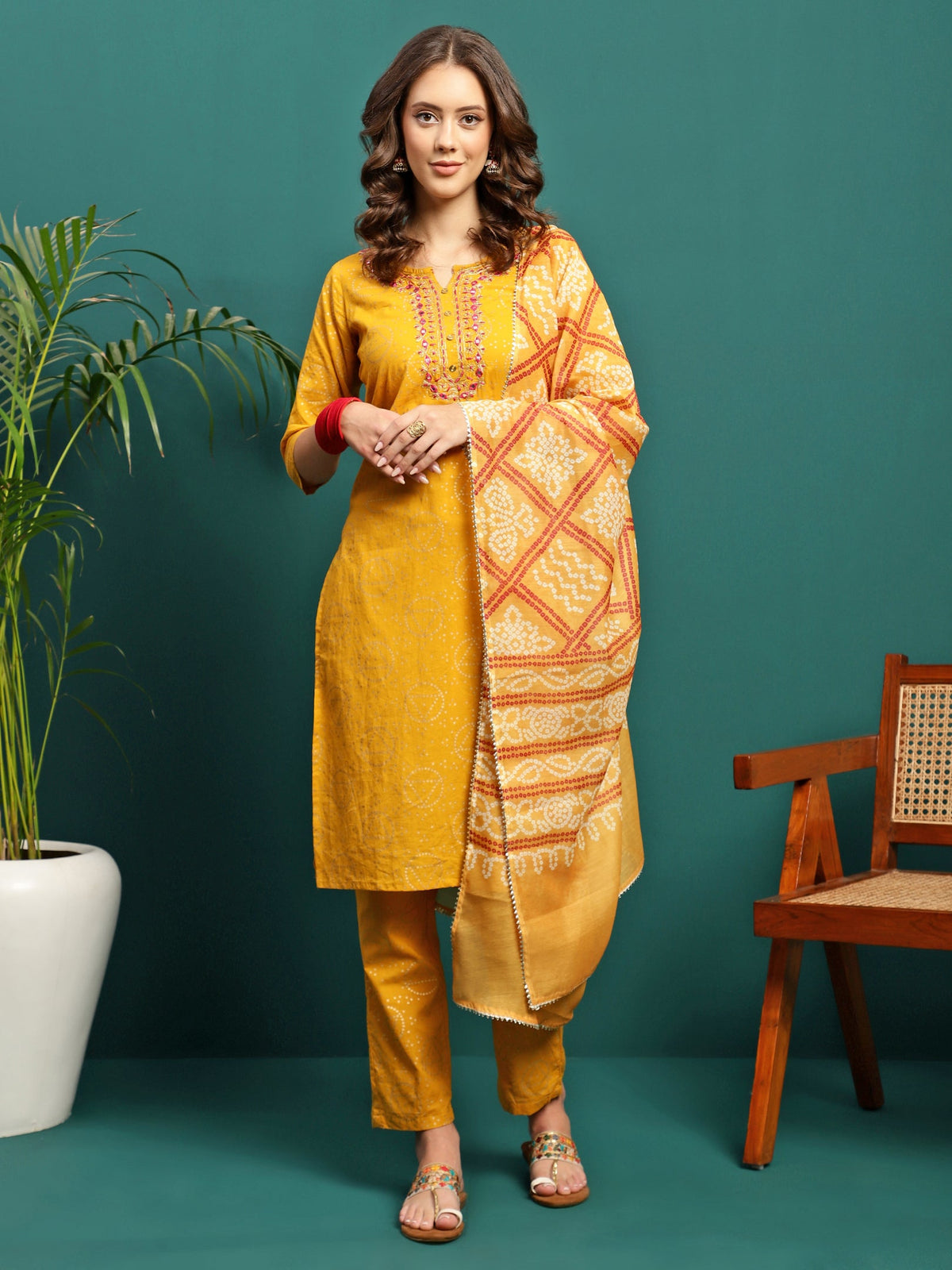 Sun Drape Printed & Embroidered Straight Kurta With Trouser & Dupatta Set