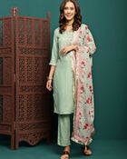 Mint Mirage Floral Embroidered Kurta & Trouser With Dupatta Set