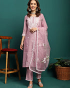 Orchid Bloom Embroidered Round-Neck Kurta With Trouser & Dupatta
