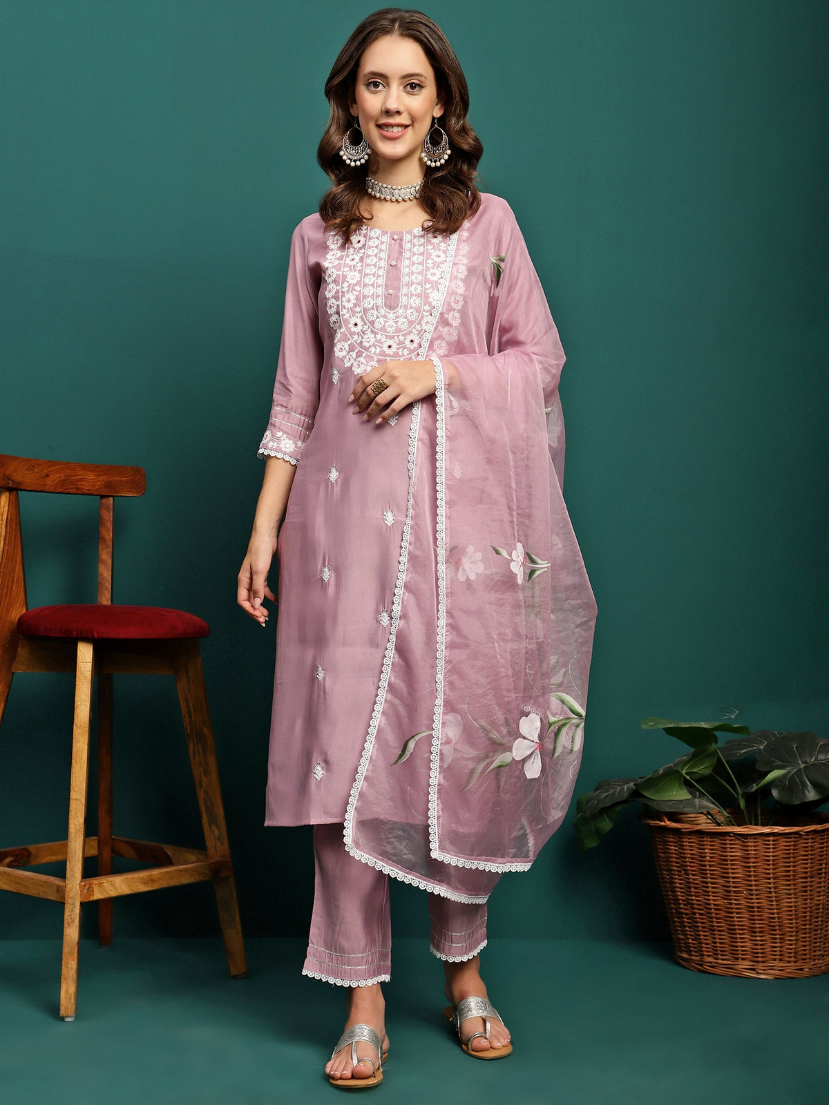 Orchid Bloom Embroidered Round-Neck Kurta With Trouser & Dupatta