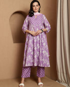 Lavender Bloom Floral Printed Notch Neck Pure Cotton Anarkali Kurta & Trousers With Dupatta