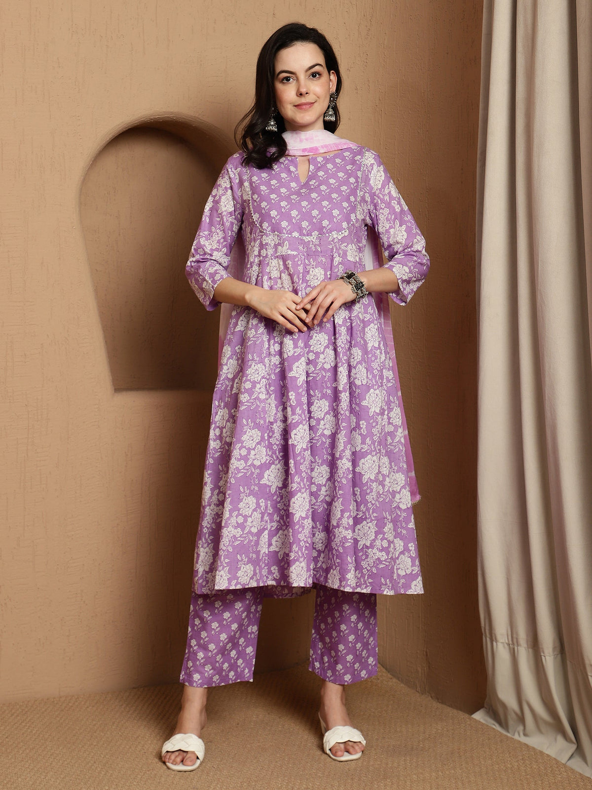 Lavender Bloom Floral Printed Notch Neck Pure Cotton Anarkali Kurta & Trousers With Dupatta