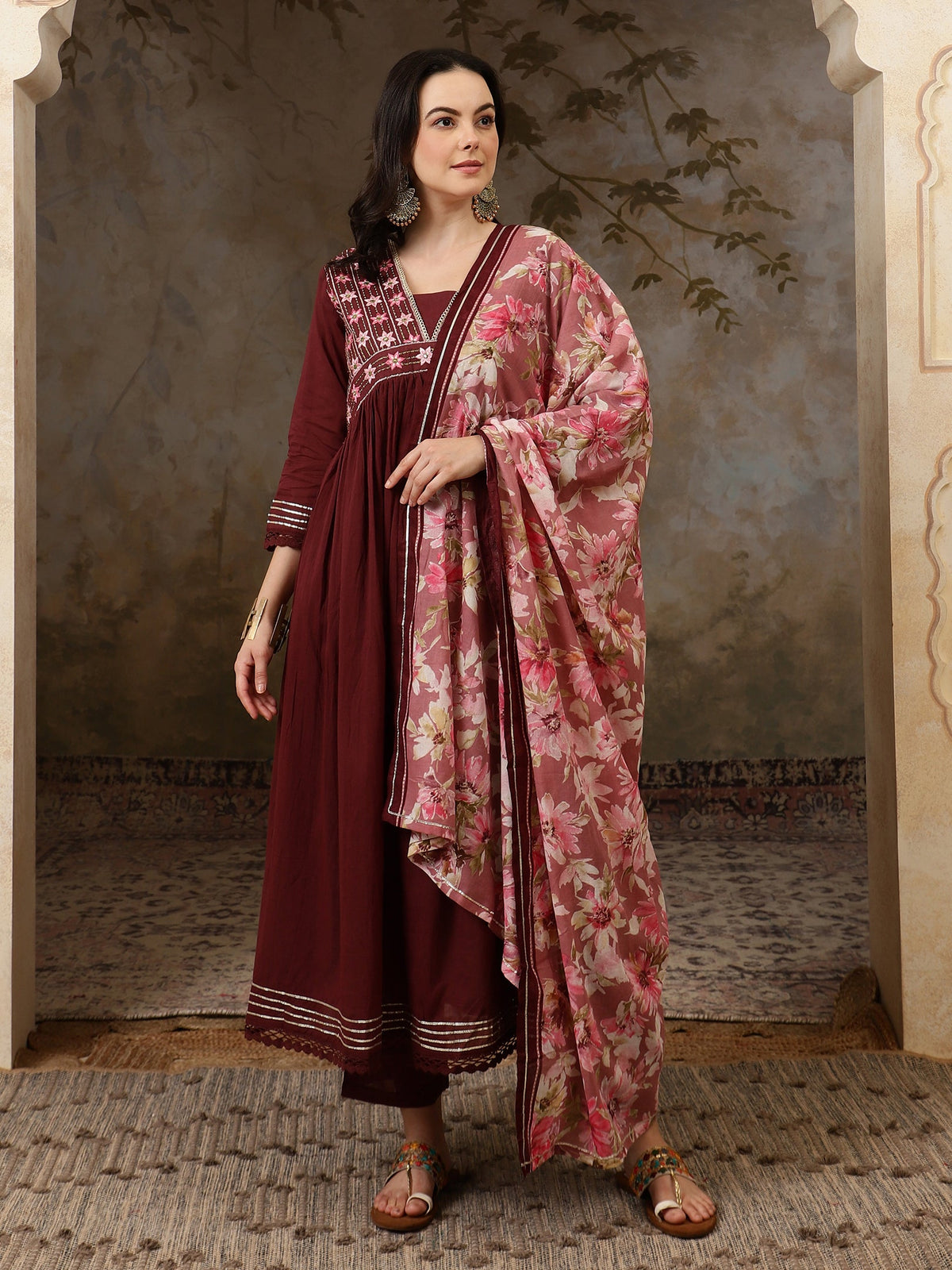 Florya Yoke Design Thread Work Pure Cotton Anarkali Kurta Set with Trousers & Dupatta