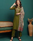 Serene Thread Floral Embroidered Kurta with Trousers & Dupatta