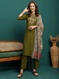 Serene Thread Floral Embroidered Kurta with Trousers & Dupatta