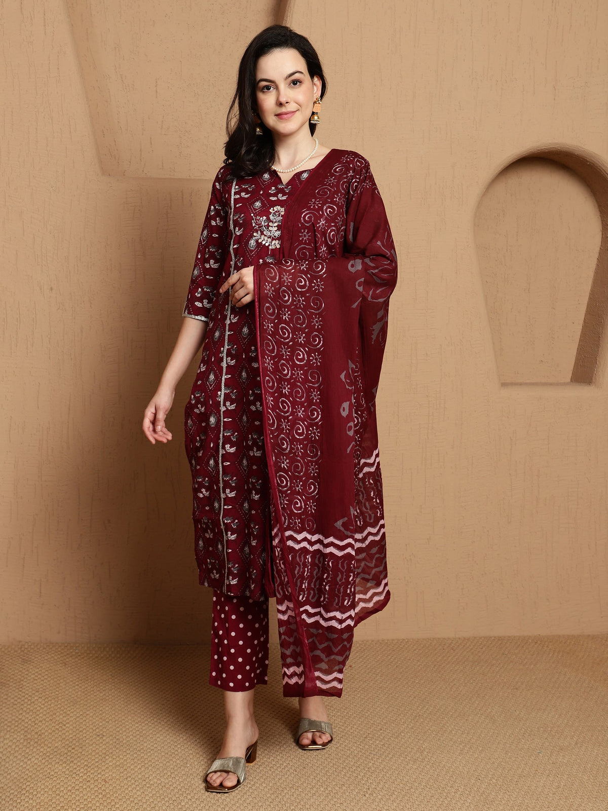 Marvi Muse Ethnic Motifs Printed Pure Cotton Kurta With Trouser & Dupatta