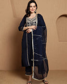 Ebon Weave Floral Embroidered Straight Kurta & Trousers With Dupatta