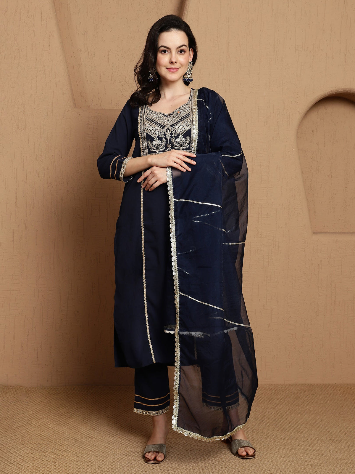 Ebon Weave Floral Embroidered Straight Kurta & Trousers With Dupatta