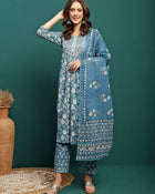 Bluebell Charm Floral Printed Gotta Patti Pure Cotton A-Line Kurta With Trouser & Dupatta Set