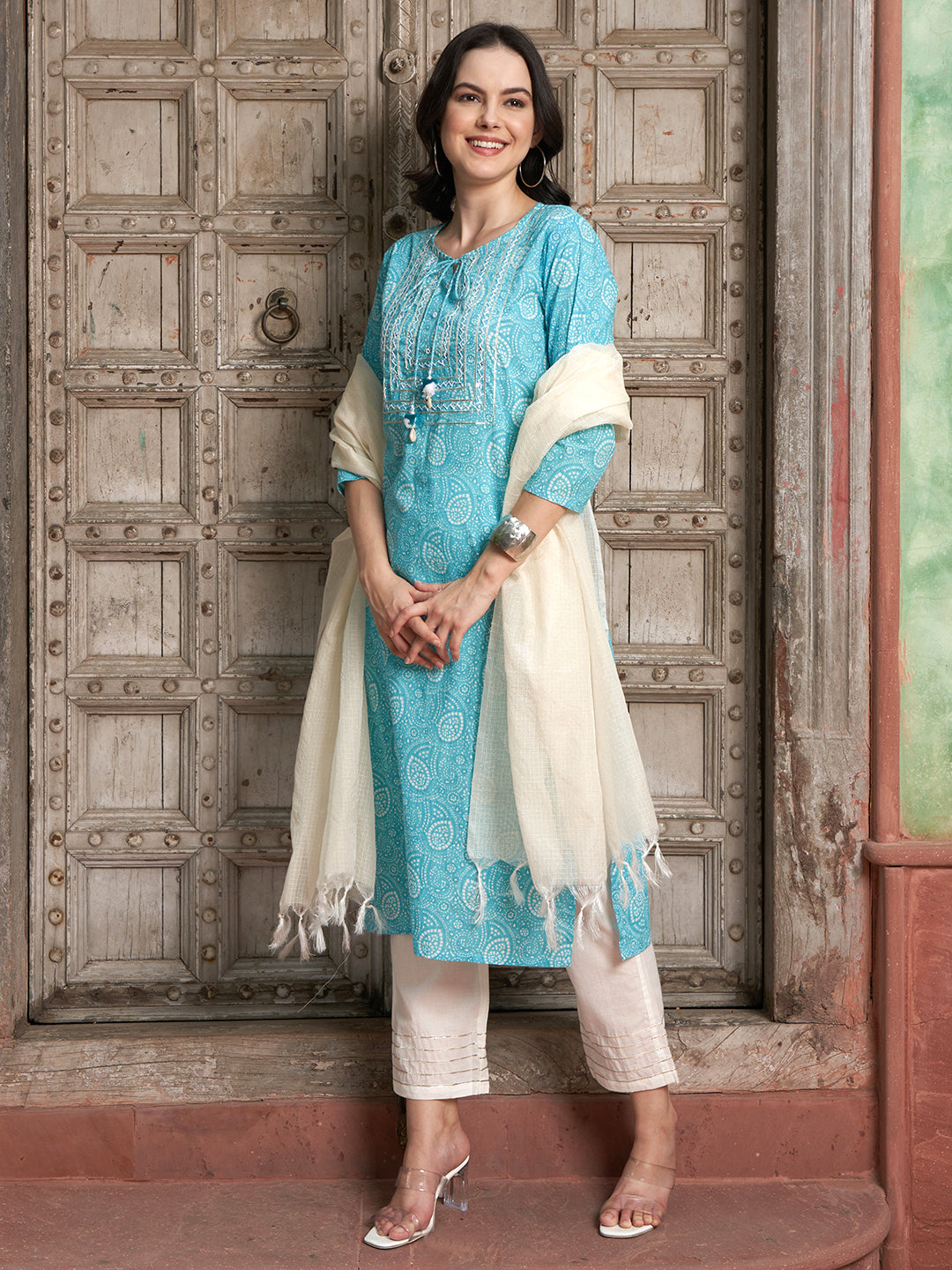 Turquoise Tranquil Cotton Printed Kurta Pant with Dupatta Set  Ethnic Wear for Women