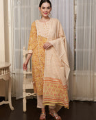 Saffron Spring Yellow Floral Printed Cotton Kurta Pant with Dupatta Set Ethnic Wear for Women