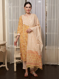 Saffron Spring Yellow Floral Printed Cotton Kurta Pant with Dupatta Set Ethnic Wear for Women