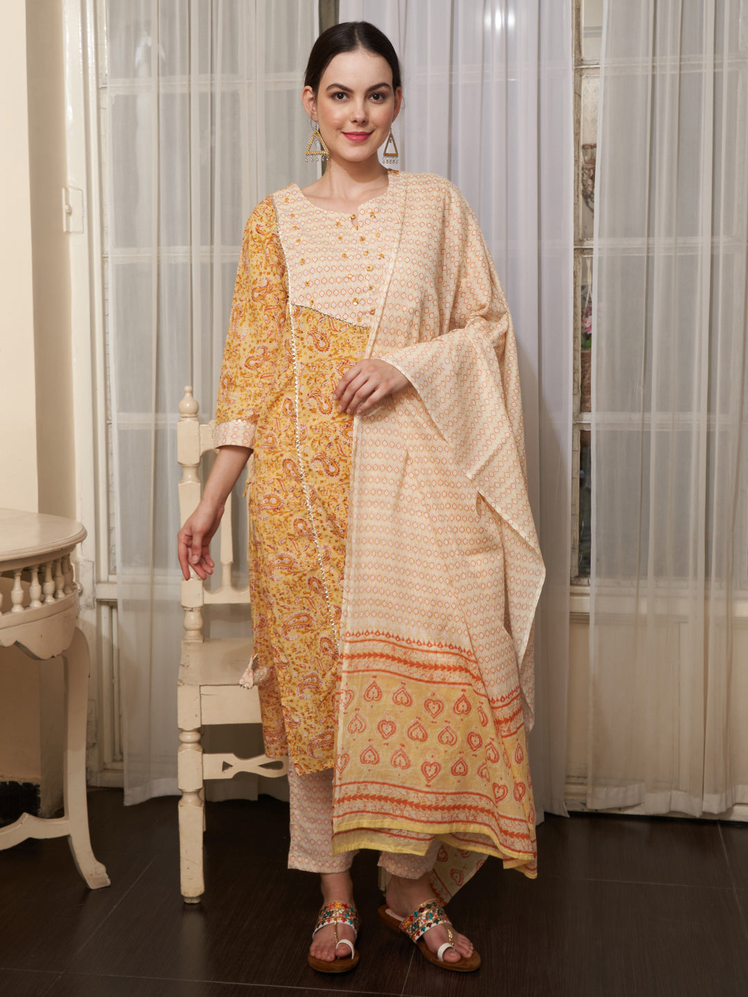 Saffron Spring Yellow Floral Printed Cotton Kurta Pant with Dupatta Set Ethnic Wear for Women