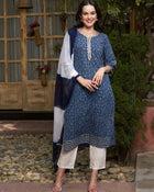 Sapphire Bloom Blue Cotton Printed Kurta Pant with Dupatta Set Ethnic Wear for Women