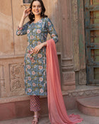 Blue Floral Gotta Patti Kurta Set – Cotton with Dupatta