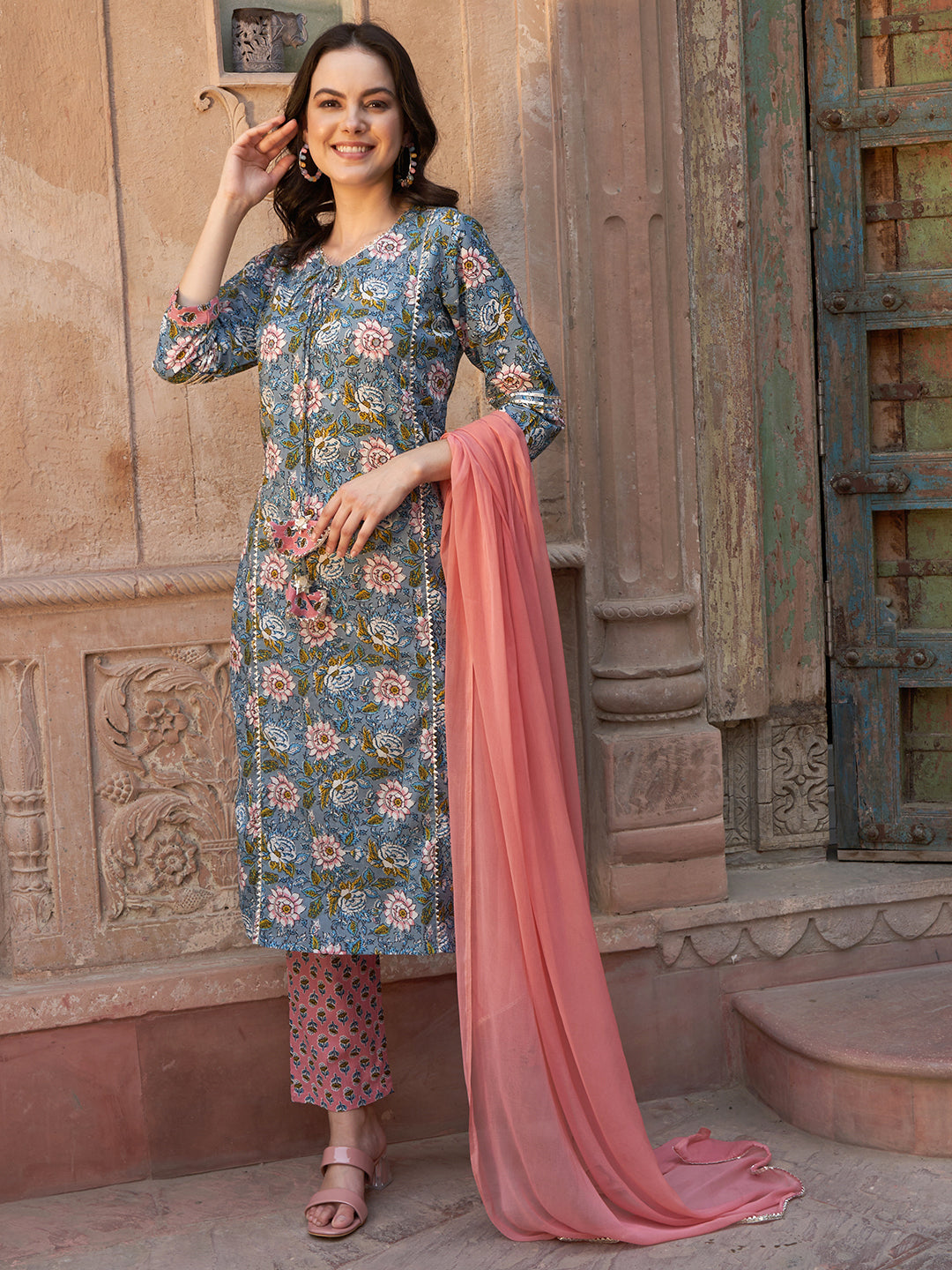 Blue Floral Gotta Patti Kurta Set – Cotton with Dupatta