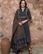 Moonlit Indigo Cotton Printed Kurta Pant with Dupatta Set Ethnic Wear for Women