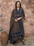 Moonlit Indigo Cotton Printed Kurta Pant with Dupatta Set Ethnic Wear for Women