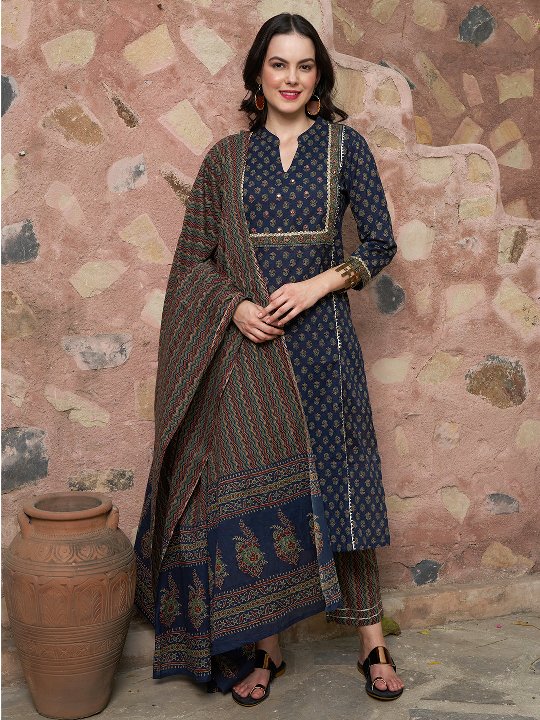 Moonlit Indigo Cotton Printed Kurta Pant with Dupatta Set Ethnic Wear for Women