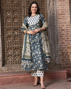 Navy Blue Floral Printed Pure Cotton Anarkali Kurta With Trouser & Dupatta