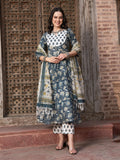 Navy Blue Floral Printed Pure Cotton Anarkali Kurta With Trouser & Dupatta