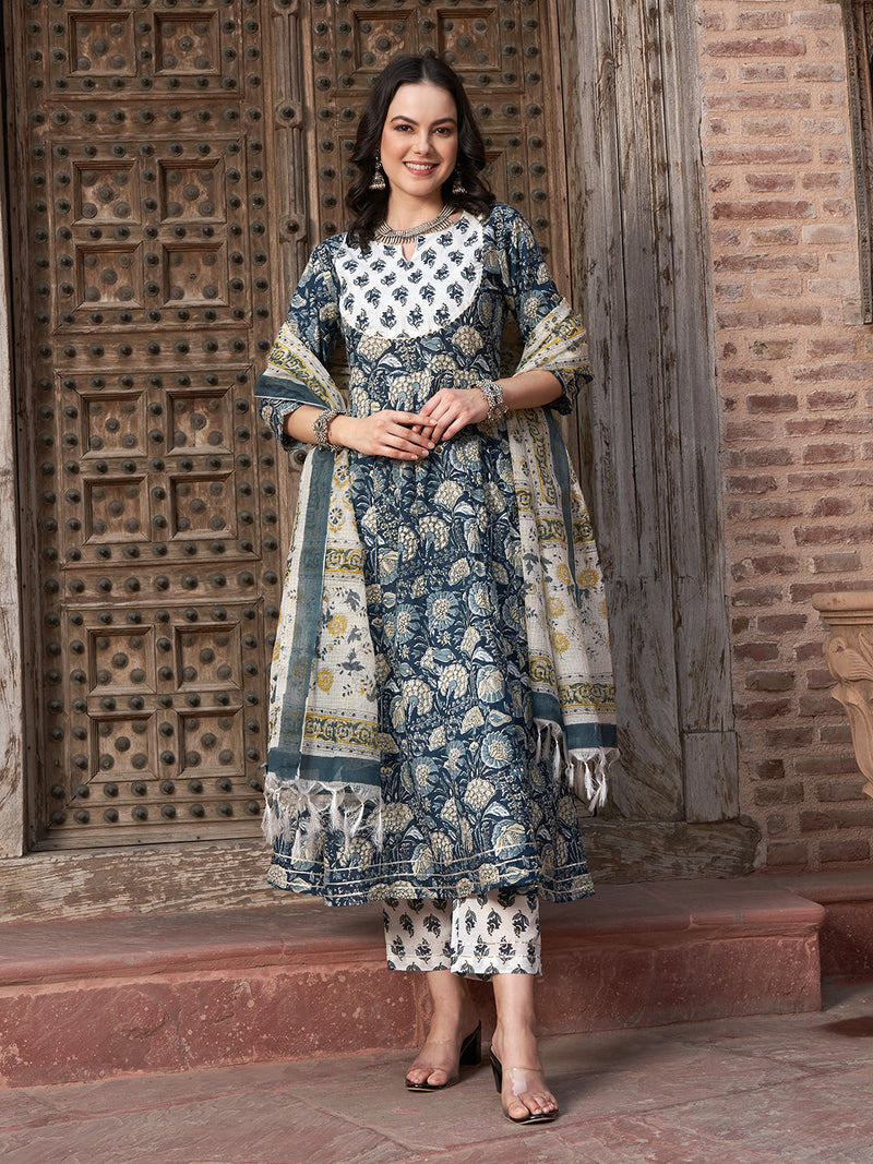 Navy Blue Floral Printed Pure Cotton Anarkali Kurta With Trouser & Dupatta