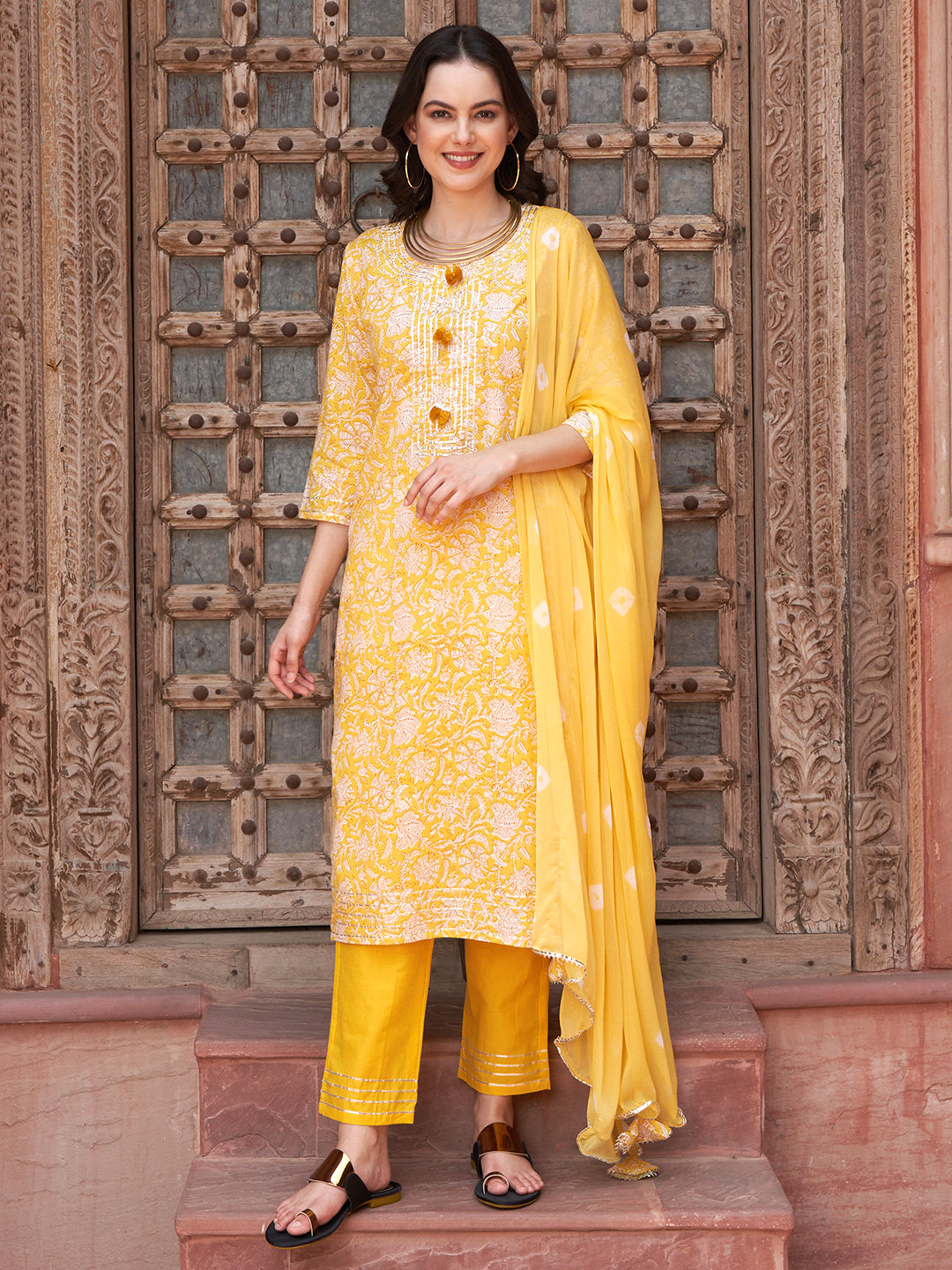 Sunshine Bloom  Floral Printed Kurta Pant with Dupatta Set Ethnic Wear for Women
