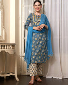 Aqua Bloom Turquoise Cotton Printed Kurta Pant with Dupatta Set Ethnic Wear for Women