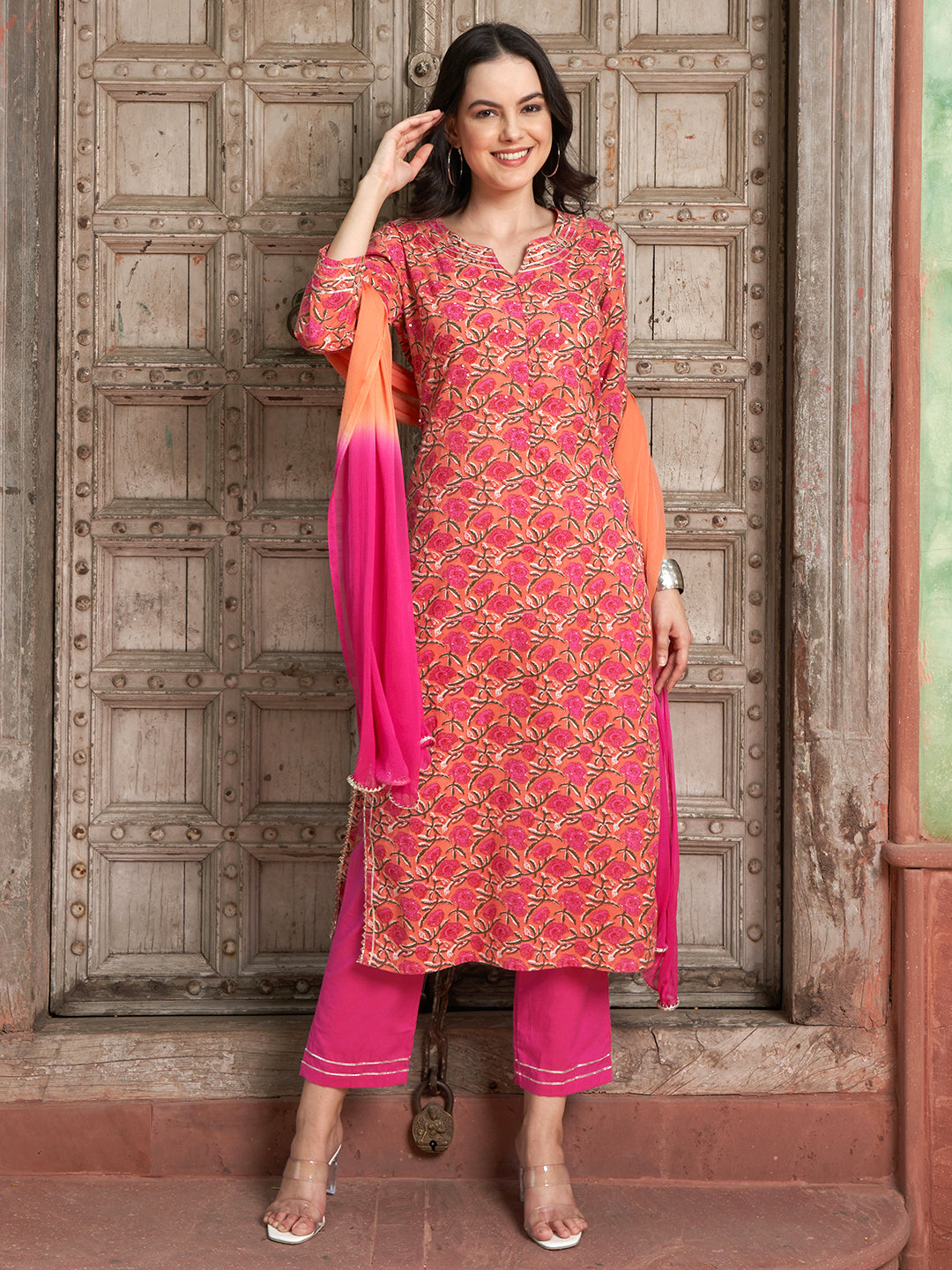 Orange Gotta Patti Straight Kurta Set – Cotton with Dupatta