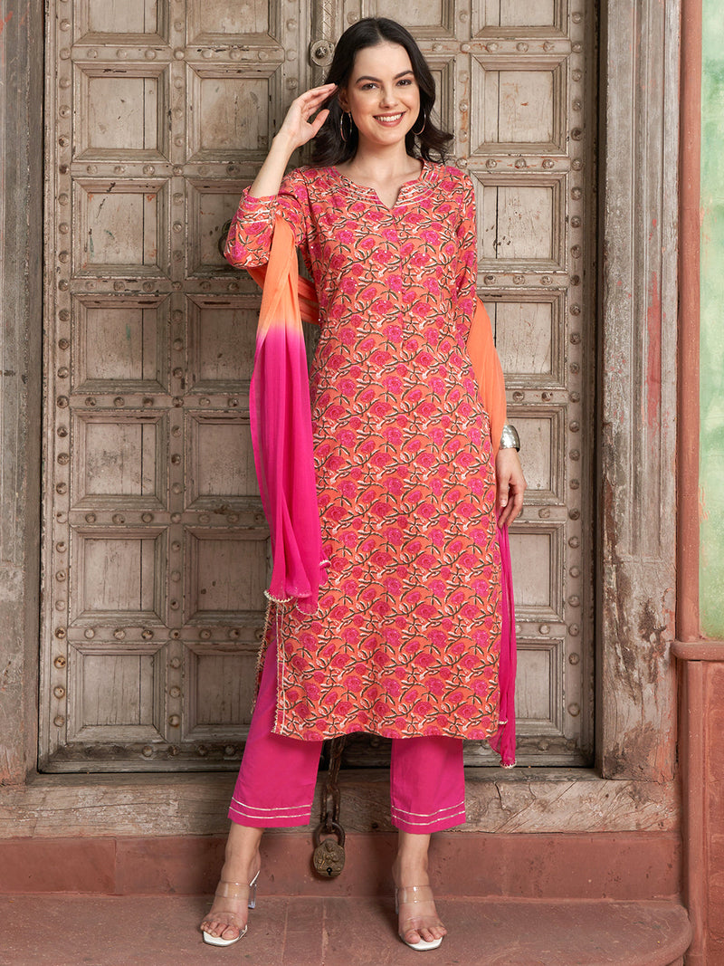 Orange Gotta Patti Straight Kurta Set – Cotton with Dupatta