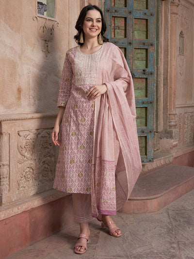 Mauve Floral Cotton Kurta Set – Churidar & Dupatta
