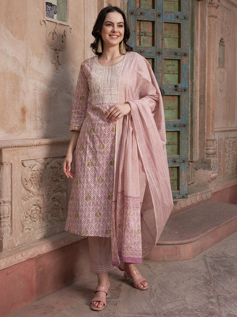 Mauve Floral Cotton Kurta Set – Churidar & Dupatta