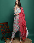 Sea Green Floral Printed Pure Cotton Kurta with Palazzos & Dupatta