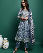Blue Printed Thread Work Pure Cotton Empire A-Line Kurta with Trousers & Dupatta