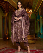 Purple Floral Printed Pure Cotton Anarkali Kurta & Trouser With Dupatta