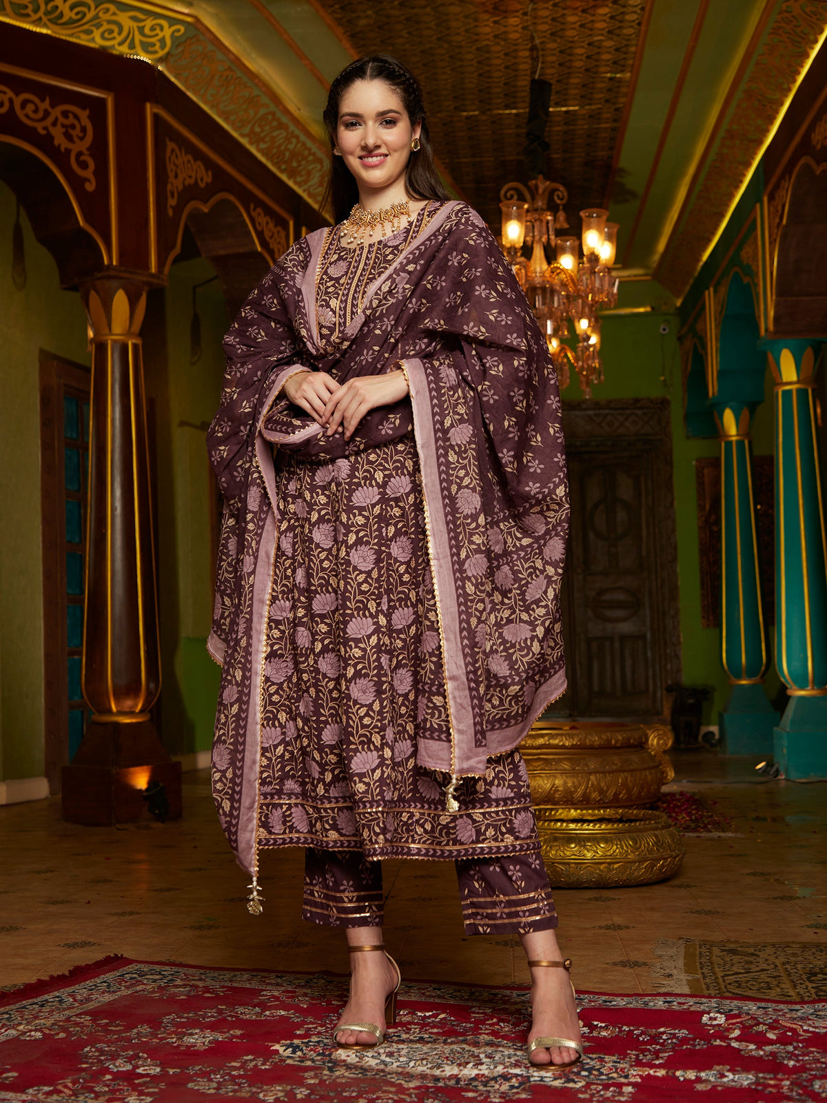 Purple Floral Printed Pure Cotton Anarkali Kurta & Trouser With Dupatta