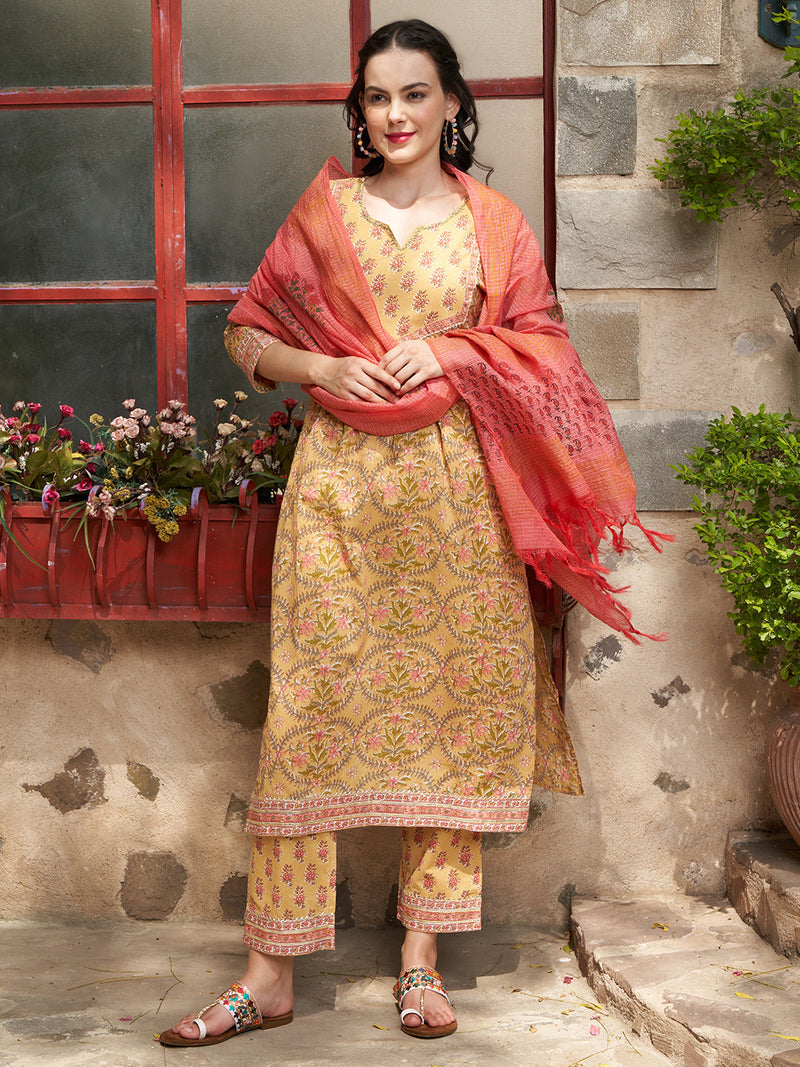 Printed Pure Cotton Straight Kurta With Trouser & Dupatta