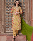 Apricot Aura Floral Printed Cotton Kurta Pant with Dupatta Set Ethnic Wear for Women