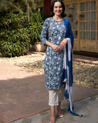 Blue Mirage Cotton Printed Kurta Pant with Dupatta Set Ethnic Wear for Women