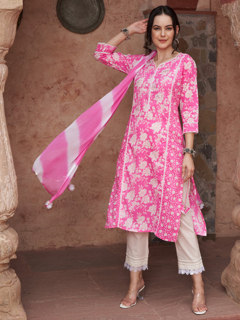 Ethnic Motifs Printed Sequined Pure Cotton Kurta with Trousers & Dupatta