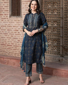 Sky Sonata Floral Printed Kurta Pant Dupatta Set