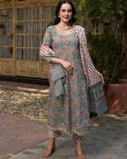 Silver Mist Grey Cotton Printed Kurta Pant with Dupatta Set Ethnic Wear for Women