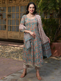 Silver Mist Grey Cotton Printed Kurta Pant with Dupatta Set Ethnic Wear for Women