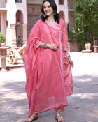 Pink Bandhani Printed Pure Cotton Angrakha Kurta With Trousers & Dupatta