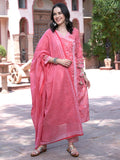 Pink Bandhani Printed Pure Cotton Angrakha Kurta With Trousers & Dupatta