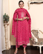 Printed & Embroidered Pure Cotton A-Line Kurta With Trouser & Dupatta