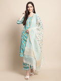 Blue & Gold Ethnic Motifs Printed Pure Cotton Kurta With Trouser & Dupatta