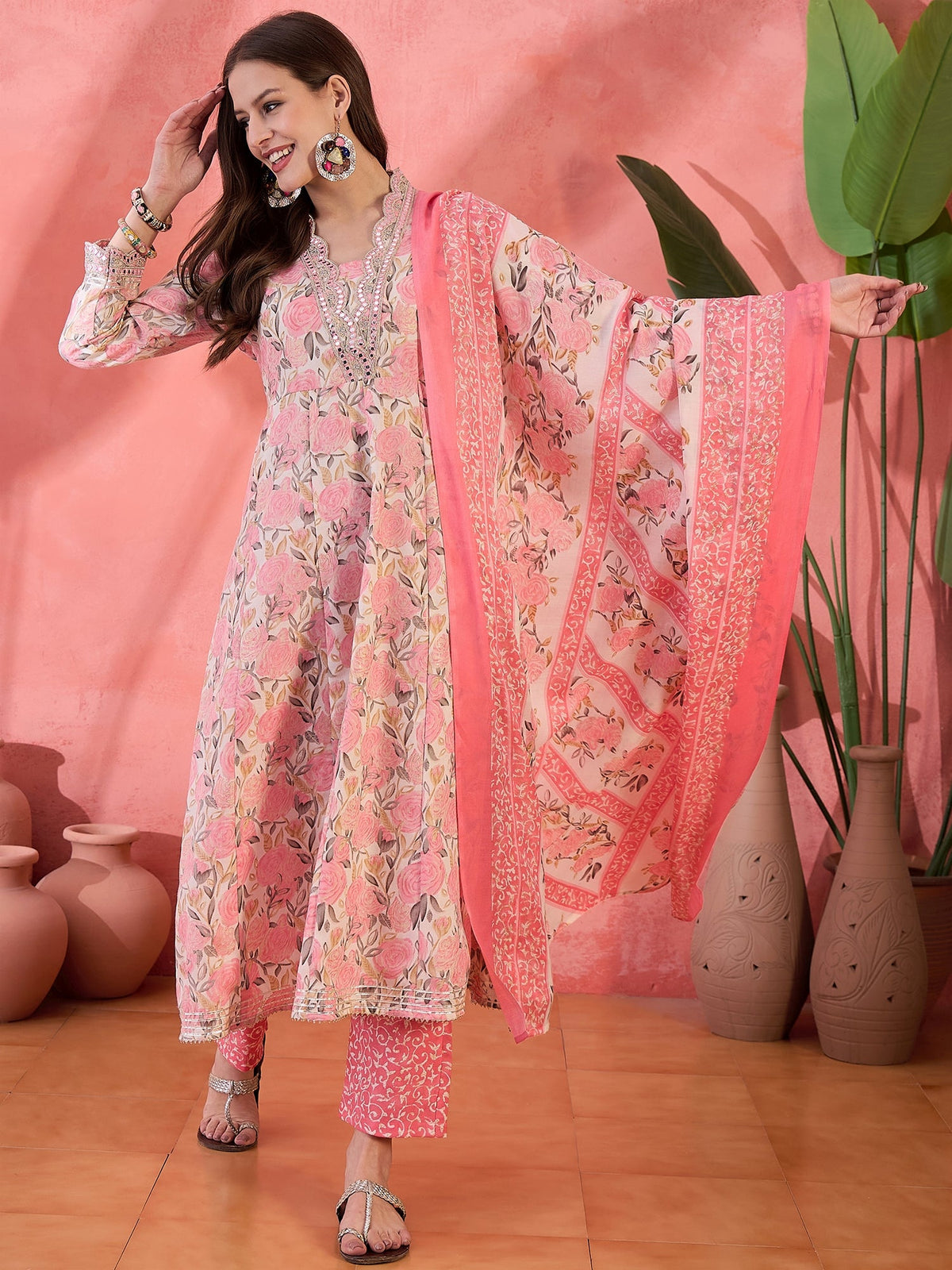 Embroidered Kurta & Trousers With Dupatta Kurta Set