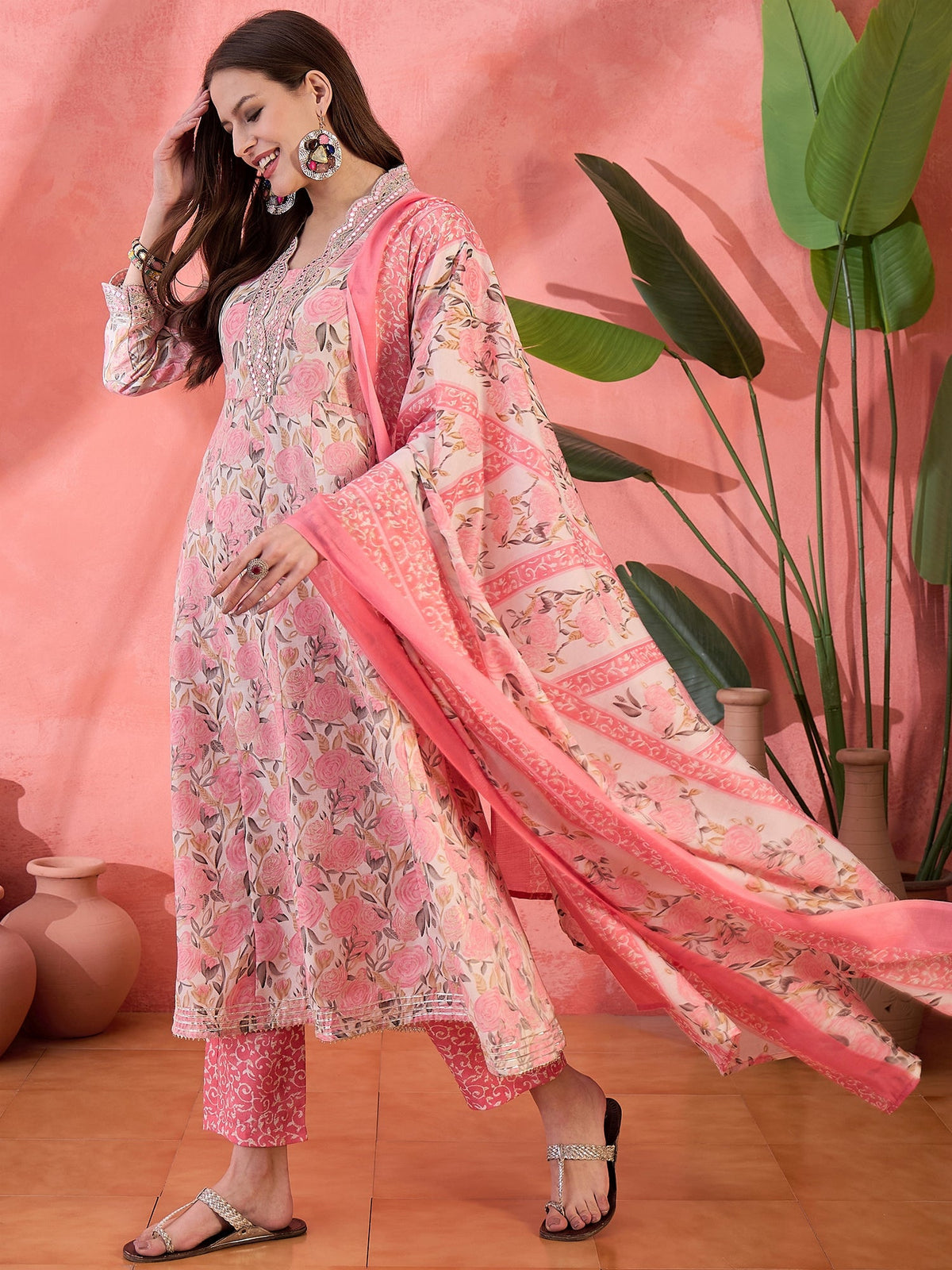Embroidered Kurta & Trousers With Dupatta Kurta Set